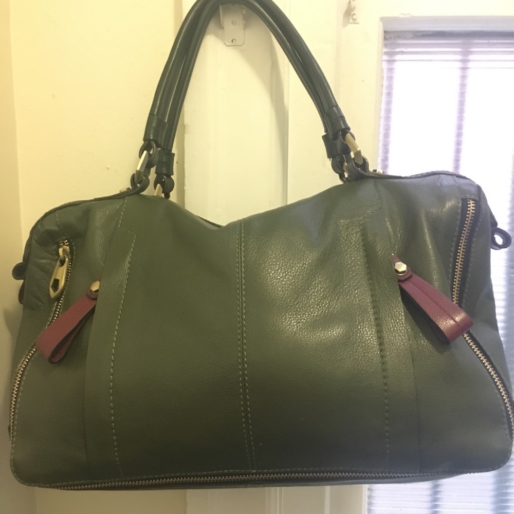 orYANY leather satchel in olive green.